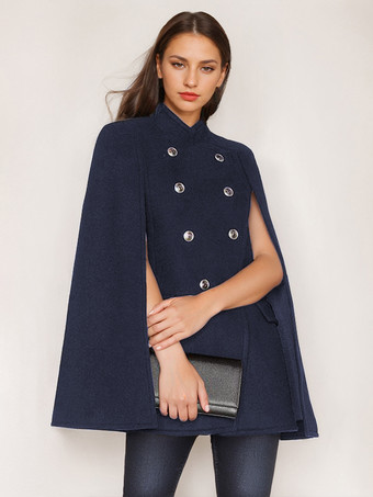 ダークネイビーウールポンチョコート スタンドカラー ダブルブレスト レディース ケープ アウター