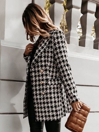 Plaid Coat Padded Shoulder Lapel Double Breast Fall Winter Outerwear