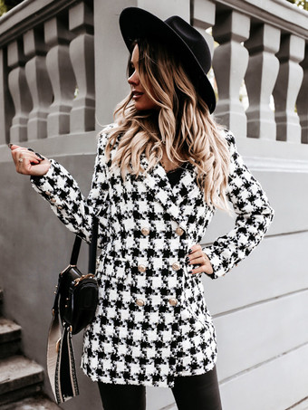 White Plaid Coat Padded Shoulder Lapel Double Breast Fall Winter Outerwear