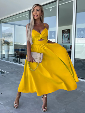 イエローサマードレス Vネック プリーツ ローズ ミディアム ビーチドレス