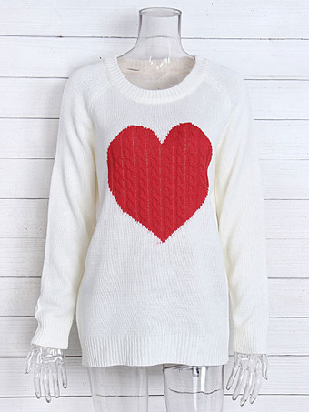 レッド 女性のためのプルオーバーエクリュホワイトカラーブロックジュエルネックロングスリーブアクリルセーター