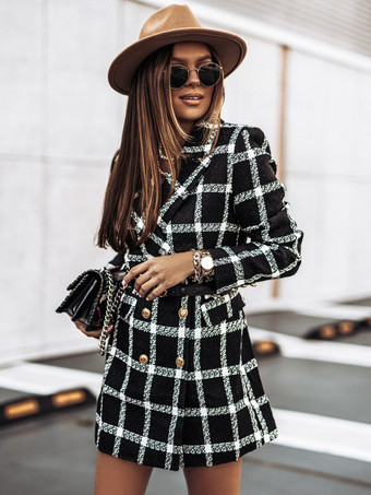 Black Plaid Coat Padded Shoulder Lapel Double Breast Fall Winter Outerwear