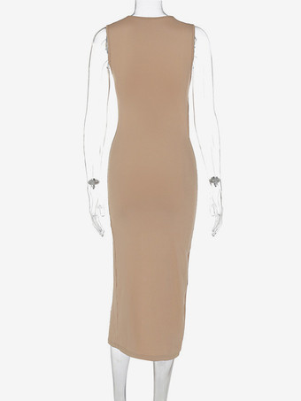 クラブドレス レディース ジュエルネック セクシー カットアウト ノースリーブ ポリエステル アプリコット セクシードレス