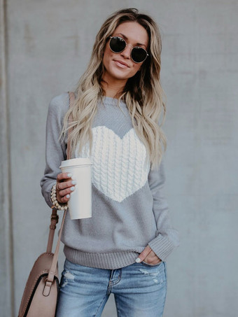 グレイ女性のためのプルオーバーエクリュホワイトカラーブロックジュエルネックロングスリーブアクリルセーター