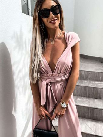 ブラック Vネック ノースリーブ プリーツ イレギュラー ライクラ スパンデックス ワイドレッグ ジャンプスーツ レディース