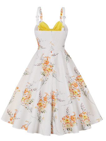 ヴィンテージドレス　1950年代オードリー・ヘップバーン風　ノースリーブ　膝丈　花柄　二次会　お呼ばれ　発表会　スイングドレス