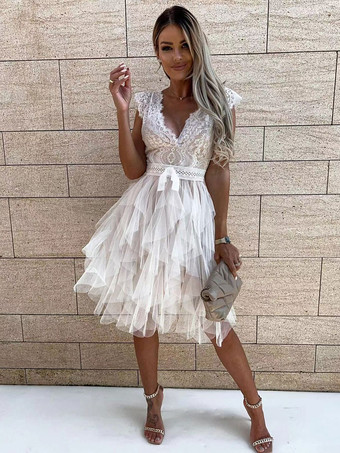 スカラップレースミニサンドレス Vバックチュールスカートティアードバースデーパーティードレス