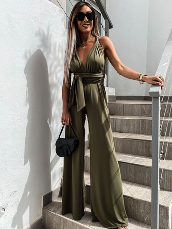 オリーブカラーブラック Vネック ノースリーブ プリーツ イレギュラー ライクラ スパンデックス ワイドレッグ ジャンプスーツ レディース