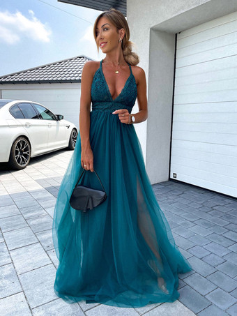 ロングパーティードレス Vネック バックレス Aライン スプリット グリーン スリップ プロムドレス レディース