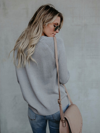 女性のためのプルオーバーエクリュホワイトカラーブロックジュエルネックロングスリーブアクリルセーター