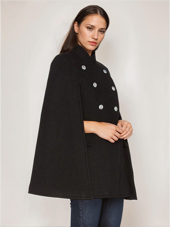 ウールポンチョコート スタンドカラー ダブルブレスト レディース ケープ アウター