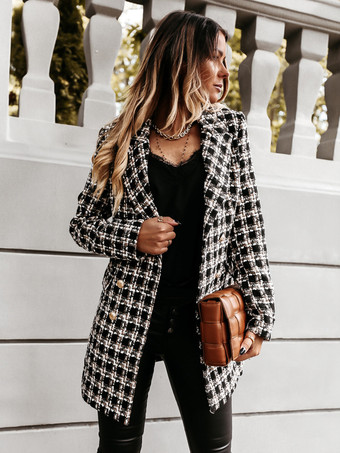 Black silverPlaid Coat Padded Shoulder Lapel Double Breast Fall Winter Outerwear