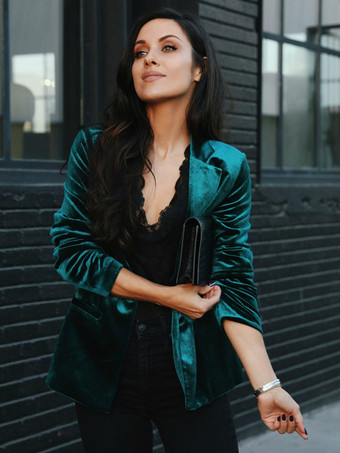 女性のためのベロア ブレザー ジャケット グリーン ブルゴーニュ無地カジュアル スリム フィット春秋ストリート アウター