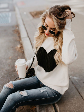 女性のためのプルオーバーエクリュホワイトカラーブロックジュエルネックロングスリーブアクリルセーター