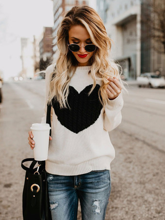 女性のためのプルオーバーエクリュホワイトカラーブロックジュエルネックロングスリーブアクリルセーター