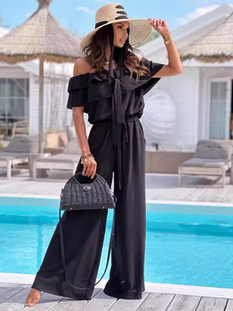 ブラック プレーンカジュアルジャンプスーツ フリルオフショルダー 夏ワンピース衣装