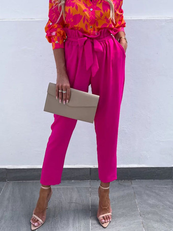 ローズレッドパンツ アプリコット レースアップ ポリエステル パンツ