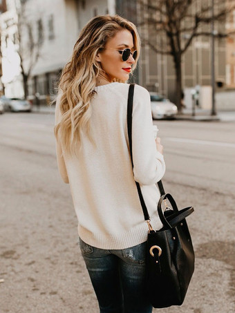 女性のためのプルオーバーエクリュホワイトカラーブロックジュエルネックロングスリーブアクリルセーター