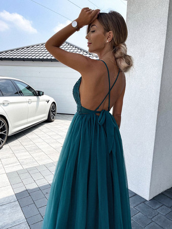 ロングパーティードレス Vネック バックレス Aライン スプリット グリーン スリップ プロムドレス レディース