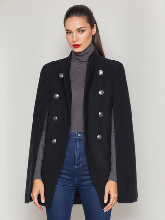 ブラック レディース ポンチョ ダークネイビー ダブルブレスト 冬 ウール アウターウェア