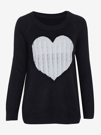 ブラック 女性のためのプルオーバーエクリュホワイトカラーブロックジュエルネックロングスリーブアクリルセーター