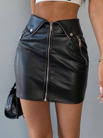女性用スカート ブラック メタル ディテール PUレザー ショート レディース ボトムス