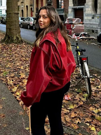 レッド PU レザージャケット 襟付き 長袖 ジッパー デイリーカジュアルジャケット