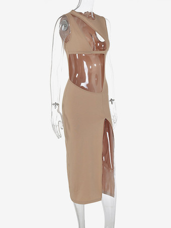 クラブドレス レディース ジュエルネック セクシー カットアウト ノースリーブ ポリエステル アプリコット セクシードレス