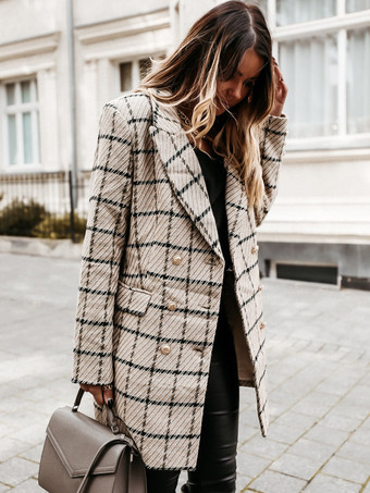 khaki Plaid Coat Padded Shoulder Lapel Double Breast Fall Winter Outerwear