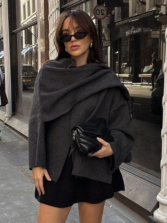ブラック 女性のための黒のセーター長袖非対称ネック カーディガン