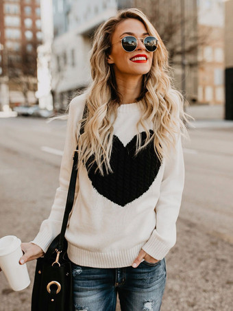 アイボリー 女性のためのプルオーバーエクリュホワイトカラーブロックジュエルネックロングスリーブアクリルセーター