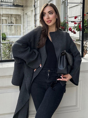 女性のための黒のセーター長袖非対称ネック カーディガン