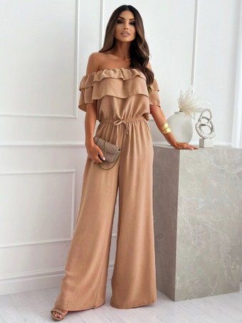ライトブラウンプレーンカジュアルジャンプスーツ フリルオフショルダー 夏ワンピース衣装