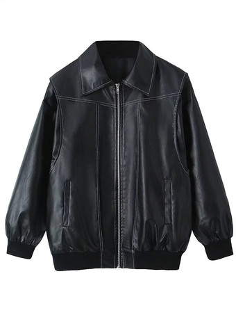 レッド PU レザージャケット 襟付き 長袖 ジッパー デイリーカジュアルジャケット