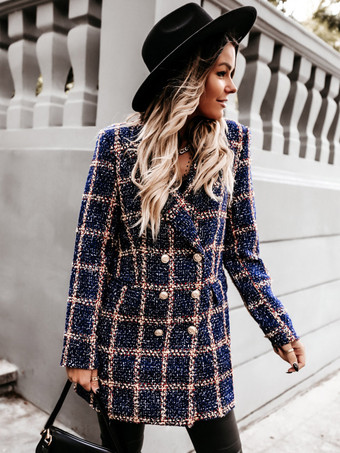 Blue Plaid Coat Padded Shoulder Lapel Double Breast Fall Winter Outerwear