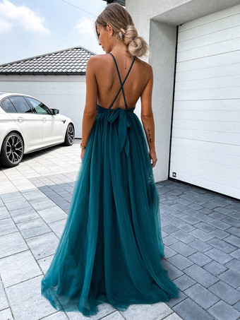 ロングパーティードレス Vネック バックレス Aライン スプリット グリーン スリップ プロムドレス レディース
