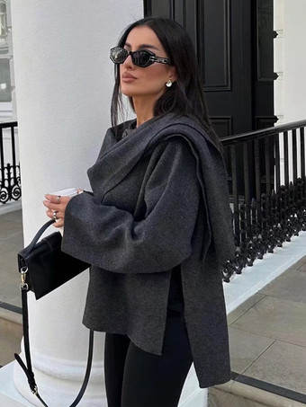 女性のための黒のセーター長袖非対称ネック カーディガン