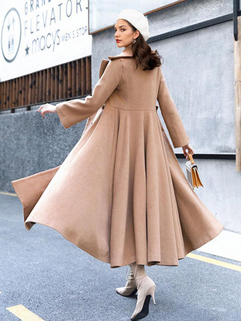 女性用フルレングスウールコート フレア ディープアプリコット クラシック ラージラペル Aライン 冬 マキシアウターウェア 2025