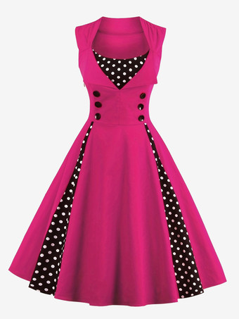 ローズレッドレトロドットワンピース　2025　レットヴィンテージワンピース　スクエアネック　スリーブレス　スリムフィット結婚式二次会お呼ばれ発表会ワンピース