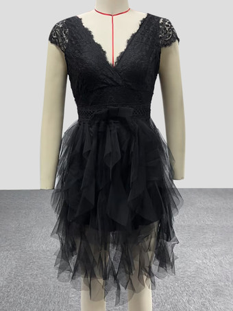 スカラップレースミニサンドレス Vバックチュールスカートティアードバースデーパーティードレス