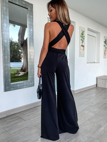 ブラック Vネック ノースリーブ プリーツ イレギュラー ライクラ スパンデックス ワイドレッグ ジャンプスーツ レディース
