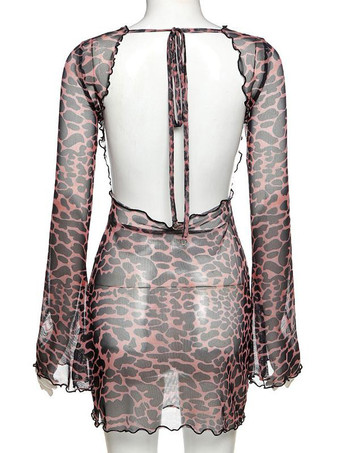 ヒョウ柄ドレスバックレス長袖半透明ホットナイトクラブウェア