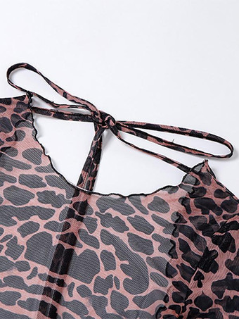 ヒョウ柄ドレスバックレス長袖半透明ホットナイトクラブウェア