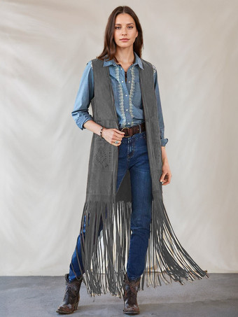 グレイ女性のためのロングベストジャケットフリンジノースリーブボヘミアンアウターウェア
