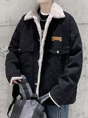 ブラック メンズデニムジャケット ポケット付き フェイクファーカラー 冬コート