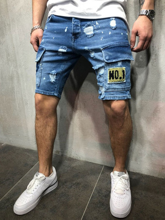 Light Sky BlueMen's Shorts Distressed Spring Street Wear Light Sky Blue Beach Bottoms