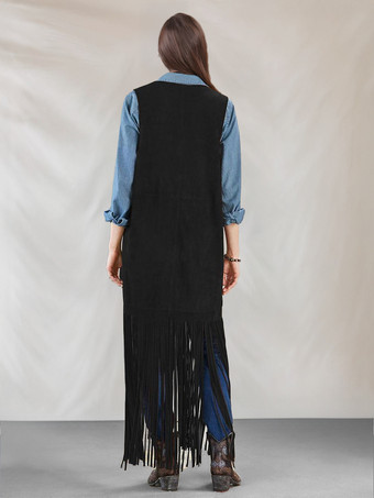 女性のためのロングベストジャケットフリンジノースリーブボヘミアンアウターウェア