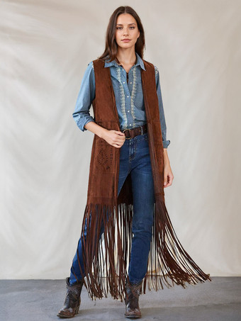 ラクダ色 女性のためのロングベストジャケットフリンジノースリーブボヘミアンアウターウェア