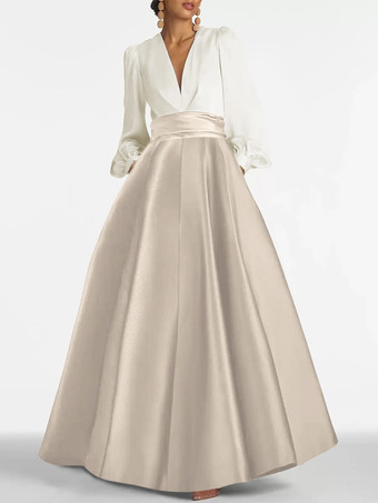 シャンパンイブニングドレス Aライン Vネック フロアレングス 長袖 ジッパー プリーツ サテン生地 フォーマルパーティードレス