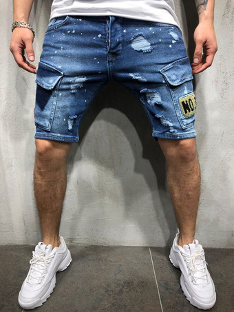 Deep Blue Men's Shorts Distressed Spring Street Wear Light Sky Blue Beach Bottoms
